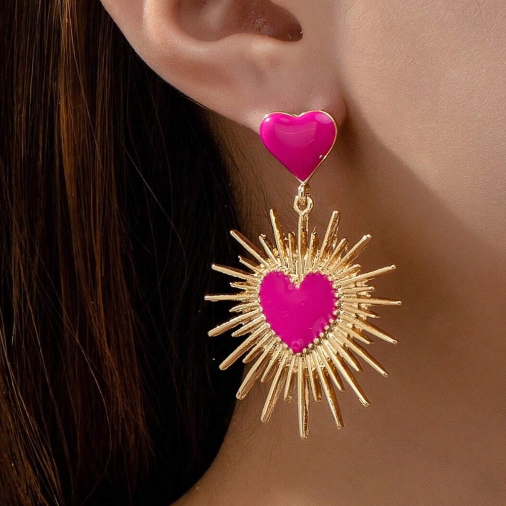 Gold Tone Hot Pink Heart Statement Earrings - Picture 1 of 4